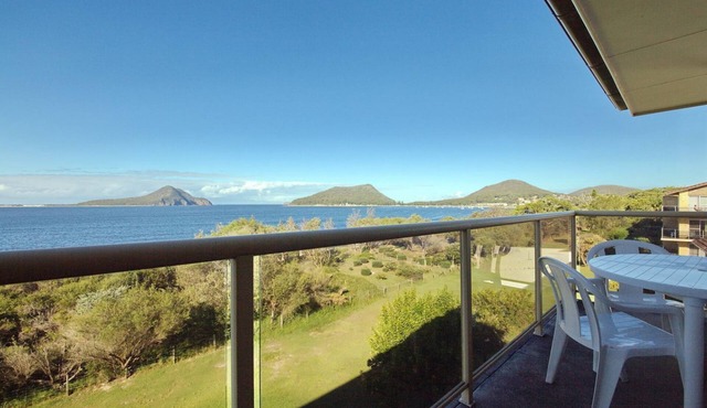 Panoramic views across Shoal Bay from the balcony in Nelson Bay